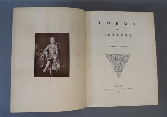 Gray, Thomas - Works. Poems and Letters, qto, contemporary calf gilt, with 4 mounted photographs, Eton School prize, Chiswick Press,